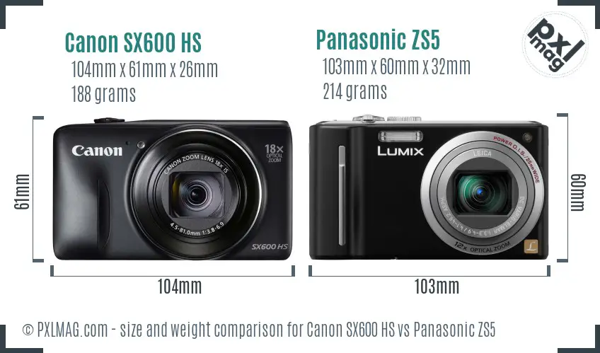 Canon SX600 HS vs Panasonic ZS5 size comparison