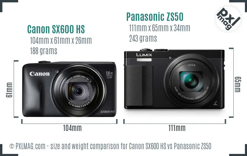 Canon SX600 HS vs Panasonic ZS50 size comparison