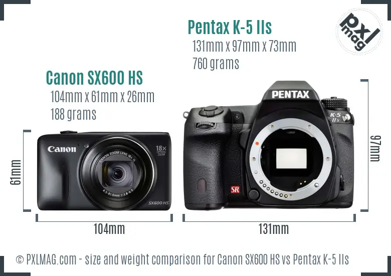 Canon SX600 HS vs Pentax K-5 IIs size comparison