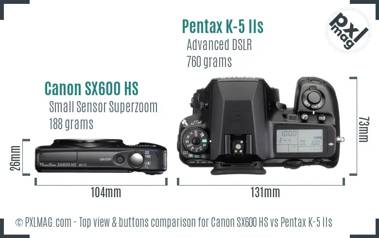 Canon SX600 HS vs Pentax K-5 IIs top view buttons comparison