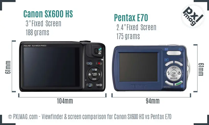 Canon SX600 HS vs Pentax E70 Screen and Viewfinder comparison
