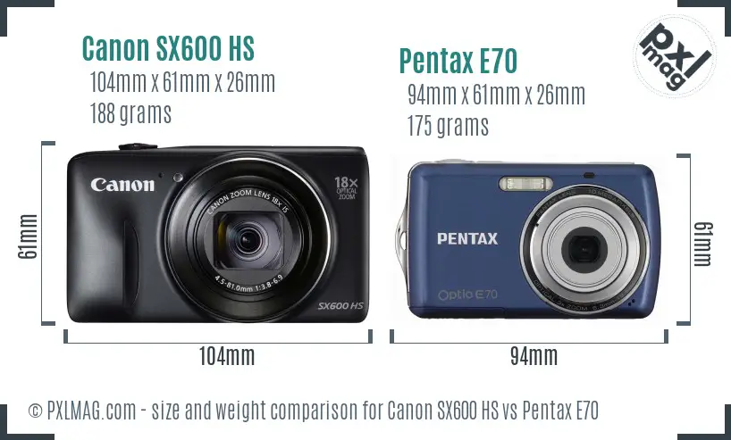 Canon SX600 HS vs Pentax E70 size comparison