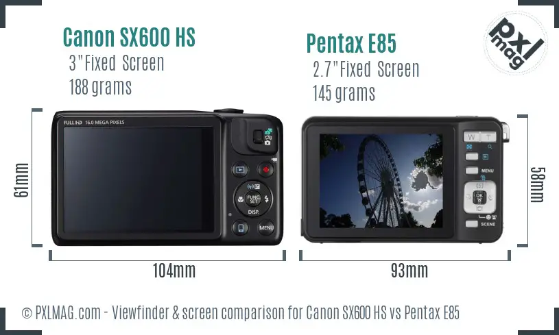 Canon SX600 HS vs Pentax E85 Screen and Viewfinder comparison