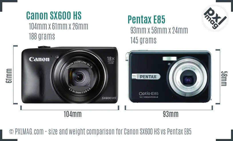 Canon SX600 HS vs Pentax E85 size comparison