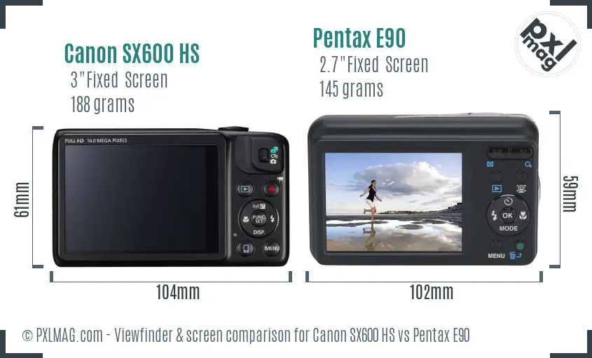 Canon SX600 HS vs Pentax E90 Screen and Viewfinder comparison