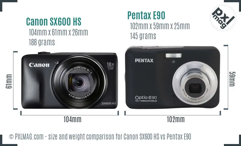 Canon SX600 HS vs Pentax E90 size comparison