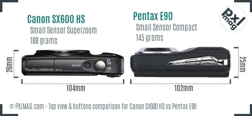 Canon SX600 HS vs Pentax E90 top view buttons comparison