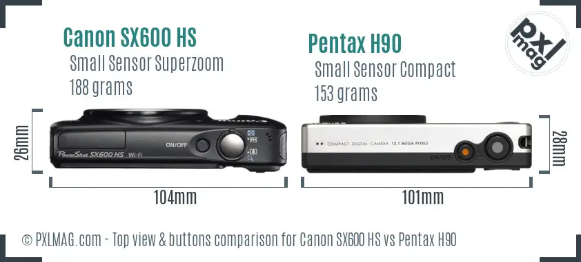 Canon SX600 HS vs Pentax H90 top view buttons comparison