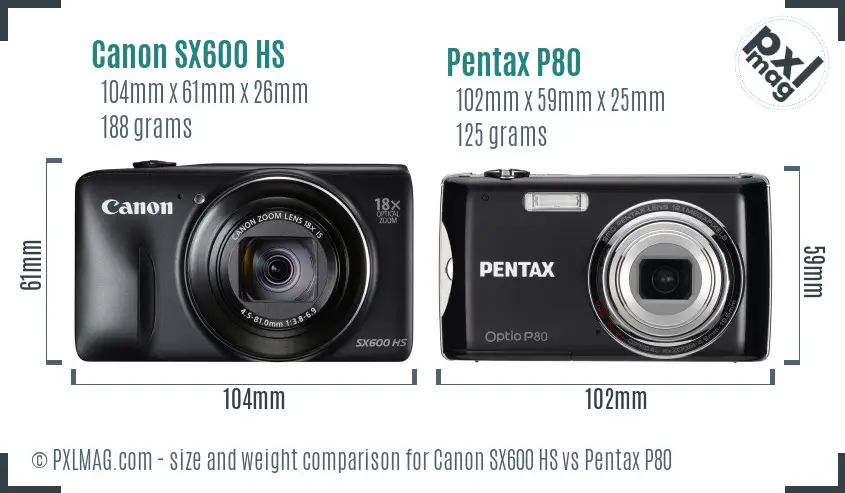 Canon SX600 HS vs Pentax P80 size comparison