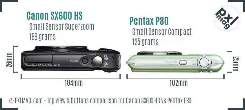 Canon SX600 HS vs Pentax P80 top view buttons comparison