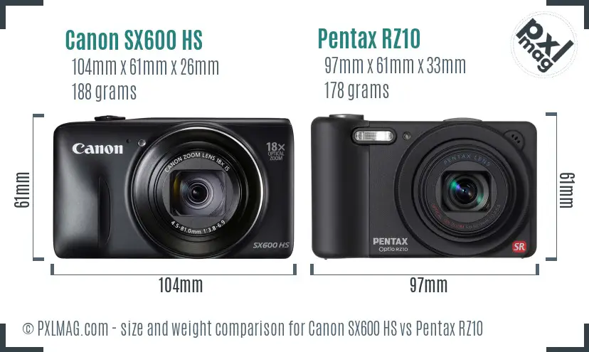 Canon SX600 HS vs Pentax RZ10 size comparison