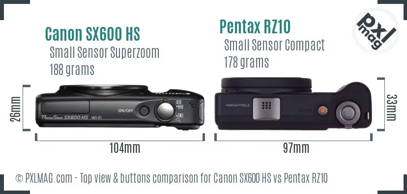 Canon SX600 HS vs Pentax RZ10 top view buttons comparison