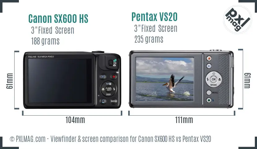 Canon SX600 HS vs Pentax VS20 Screen and Viewfinder comparison
