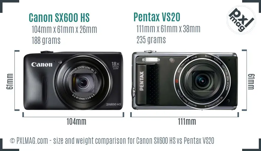 Canon SX600 HS vs Pentax VS20 size comparison
