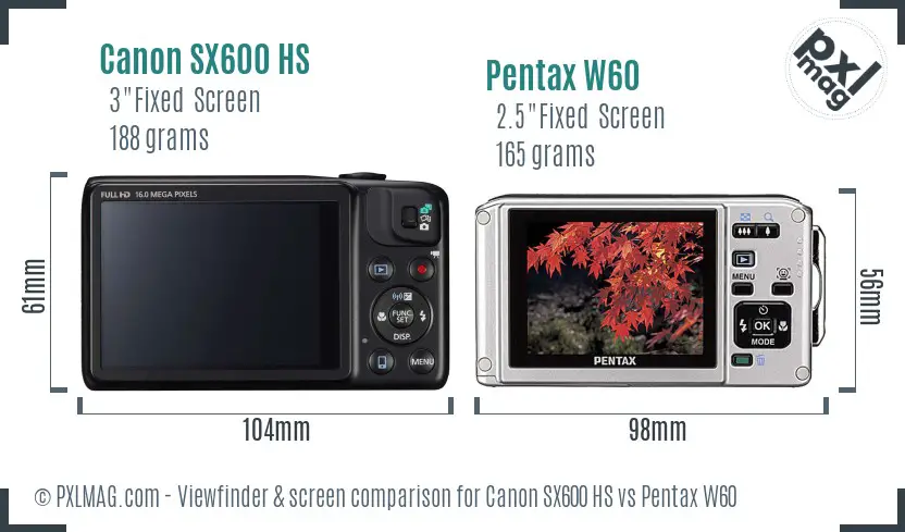 Canon SX600 HS vs Pentax W60 Screen and Viewfinder comparison