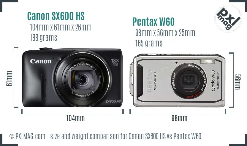 Canon SX600 HS vs Pentax W60 size comparison