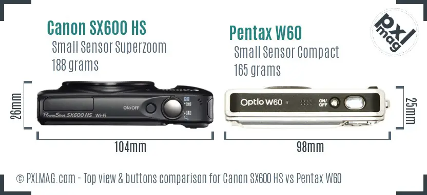 Canon SX600 HS vs Pentax W60 top view buttons comparison