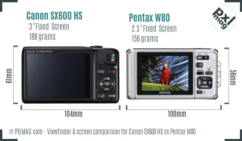 Canon SX600 HS vs Pentax W80 Screen and Viewfinder comparison