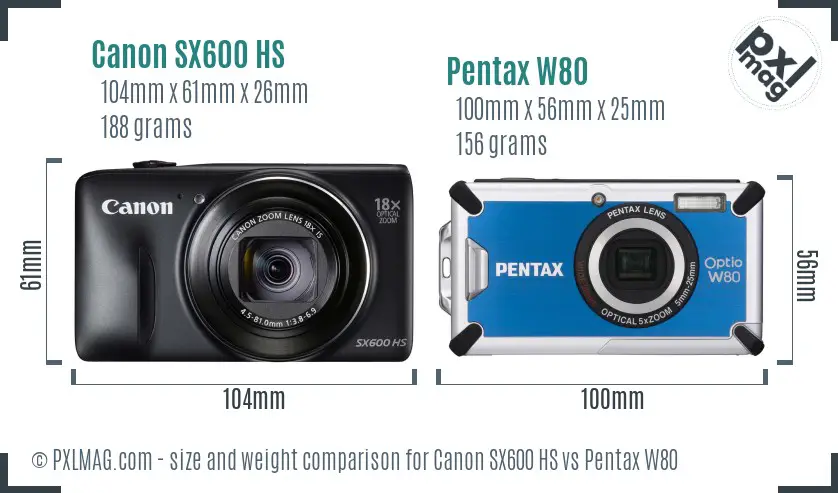 Canon SX600 HS vs Pentax W80 size comparison