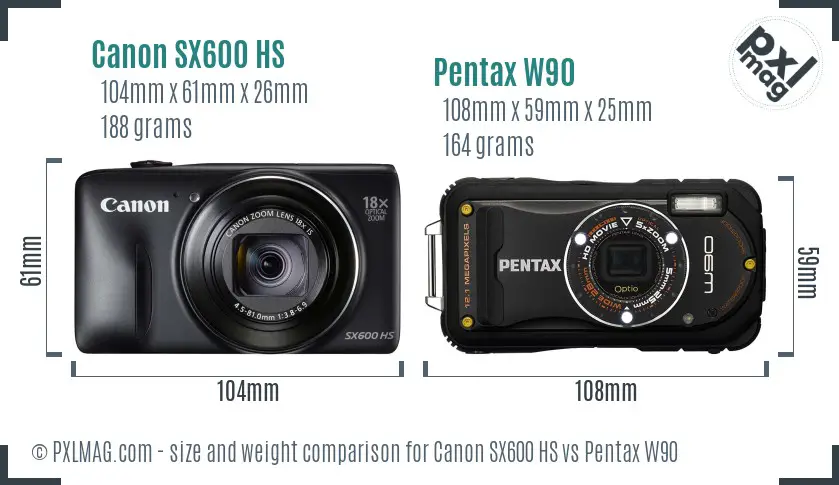 Canon SX600 HS vs Pentax W90 size comparison