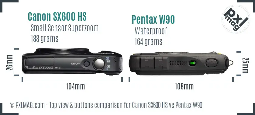 Canon SX600 HS vs Pentax W90 top view buttons comparison
