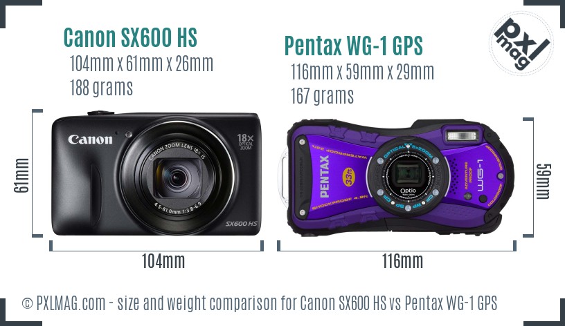 Canon SX600 HS vs Pentax WG-1 GPS size comparison