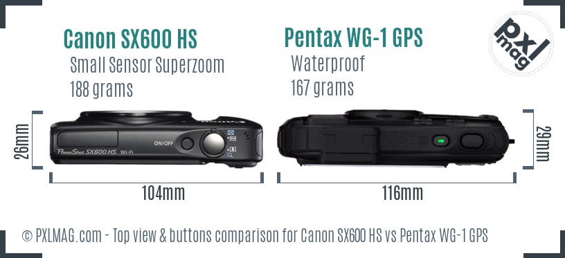 Canon SX600 HS vs Pentax WG-1 GPS top view buttons comparison