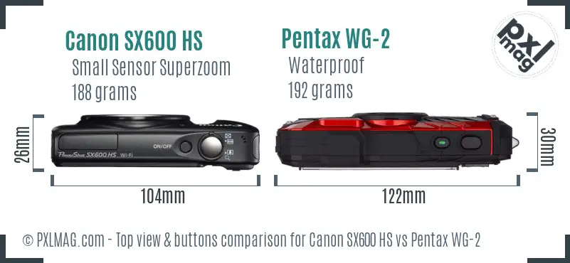 Canon SX600 HS vs Pentax WG-2 top view buttons comparison Canon SX600 HS vs Pentax WG-2 top view buttons comparison