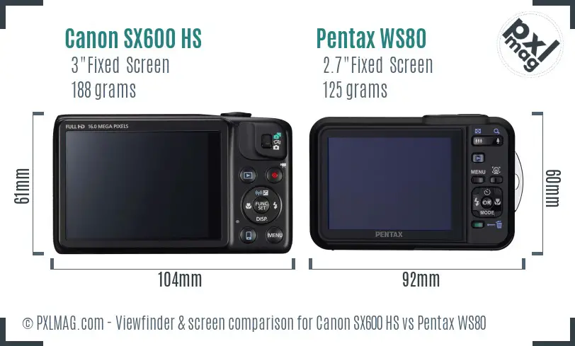 Canon SX600 HS vs Pentax WS80 Screen and Viewfinder comparison