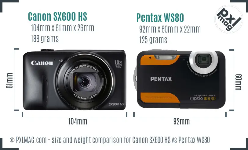 Canon SX600 HS vs Pentax WS80 size comparison