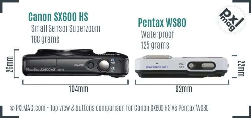 Canon SX600 HS vs Pentax WS80 top view buttons comparison