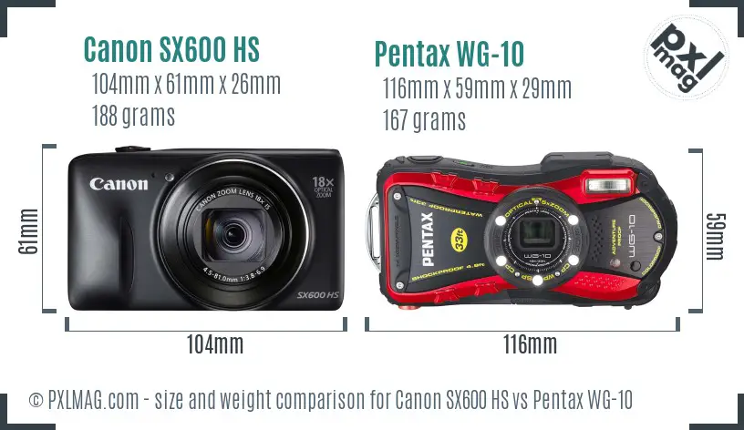 Canon SX600 HS vs Pentax WG-10 size comparison