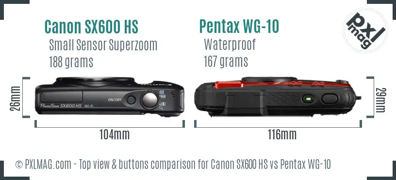 Canon SX600 HS vs Pentax WG-10 top view buttons comparison