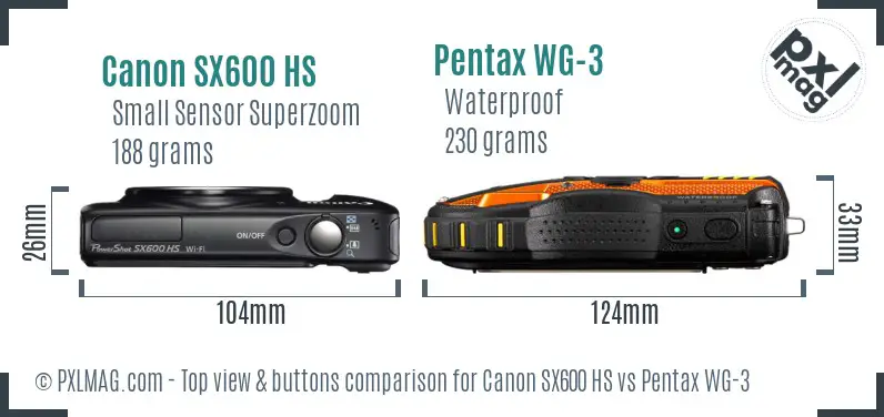 Canon SX600 HS vs Pentax WG-3 top view buttons comparison Canon SX600 HS vs Pentax WG-3 top view buttons comparison