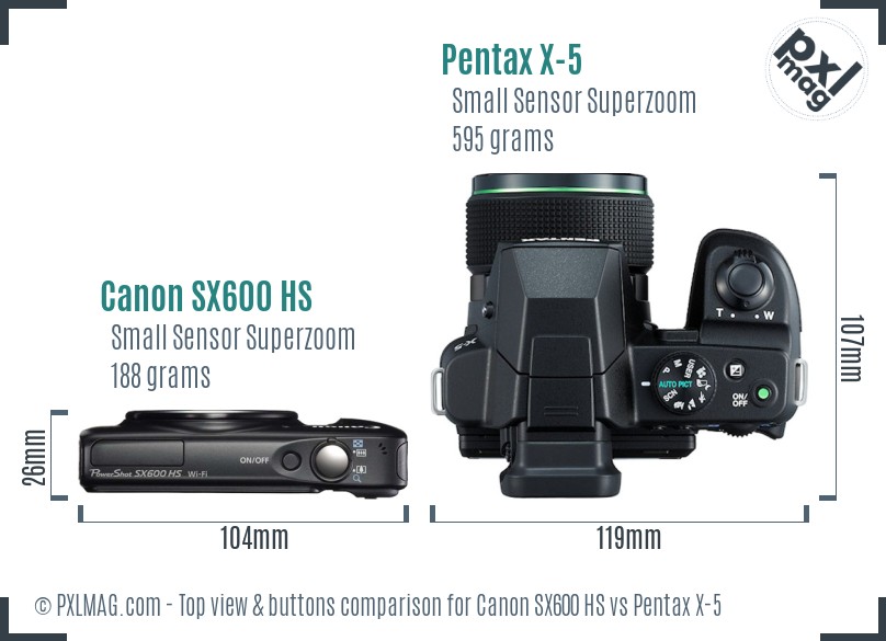 Canon SX600 HS vs Pentax X-5 top view buttons comparison