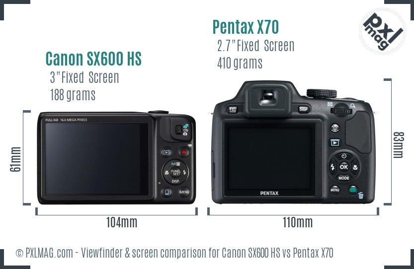 Canon SX600 HS vs Pentax X70 Screen and Viewfinder comparison