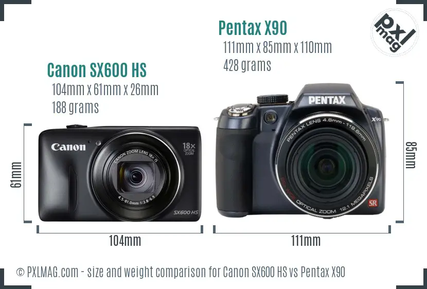 Canon SX600 HS vs Pentax X90 size comparison