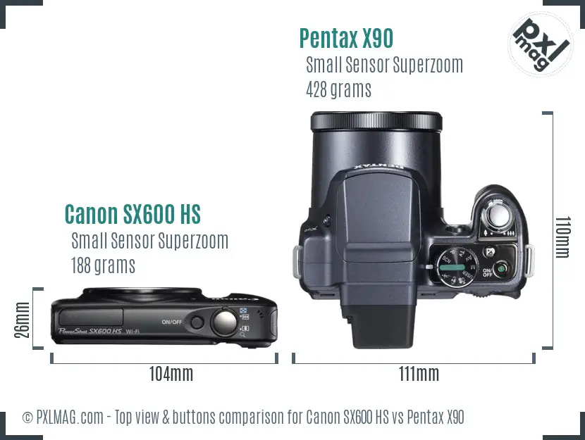 Canon SX600 HS vs Pentax X90 top view buttons comparison