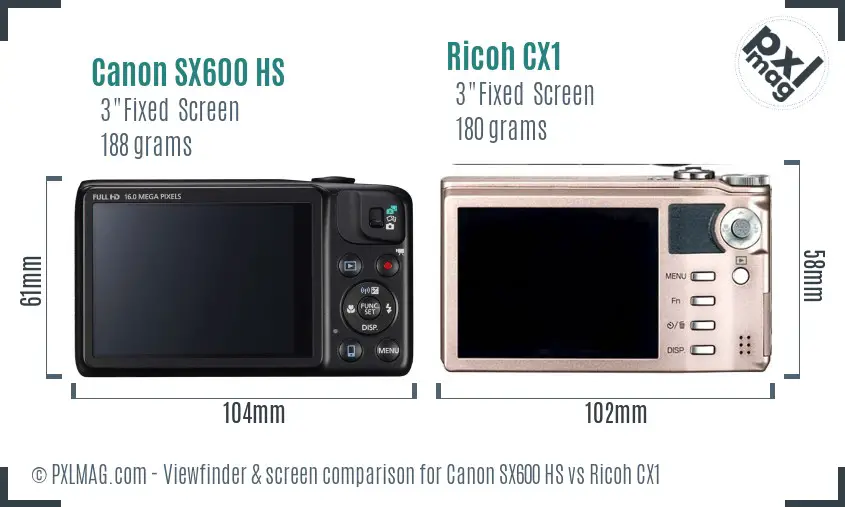 Canon SX600 HS vs Ricoh CX1 Screen and Viewfinder comparison