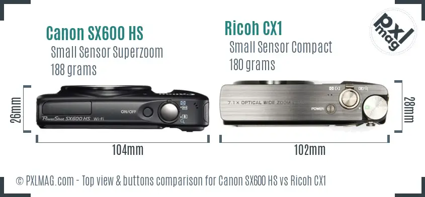 Canon SX600 HS vs Ricoh CX1 top view buttons comparison