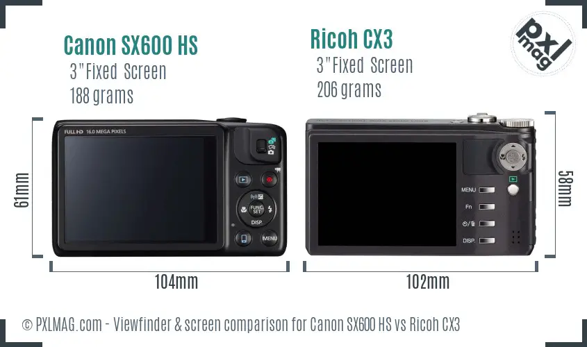 Canon SX600 HS vs Ricoh CX3 Screen and Viewfinder comparison