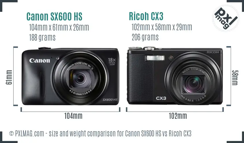Canon SX600 HS vs Ricoh CX3 size comparison