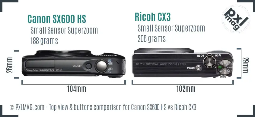 Canon SX600 HS vs Ricoh CX3 top view buttons comparison
