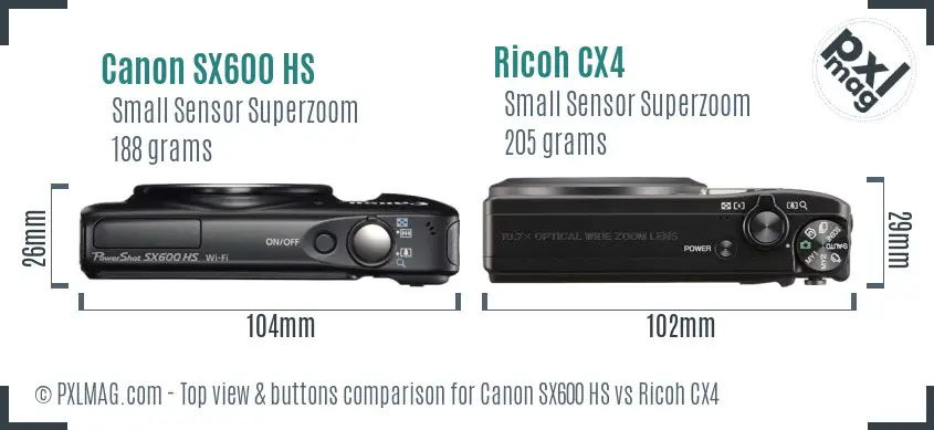 Canon SX600 HS vs Ricoh CX4 top view buttons comparison Canon SX600 HS vs Ricoh CX4 top view buttons comparison