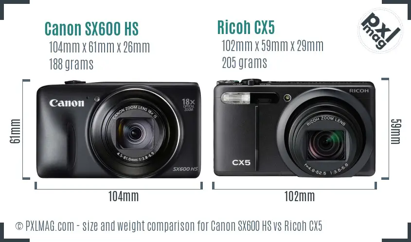 Canon SX600 HS vs Ricoh CX5 size comparison Canon SX600 HS vs Ricoh CX5 size comparison