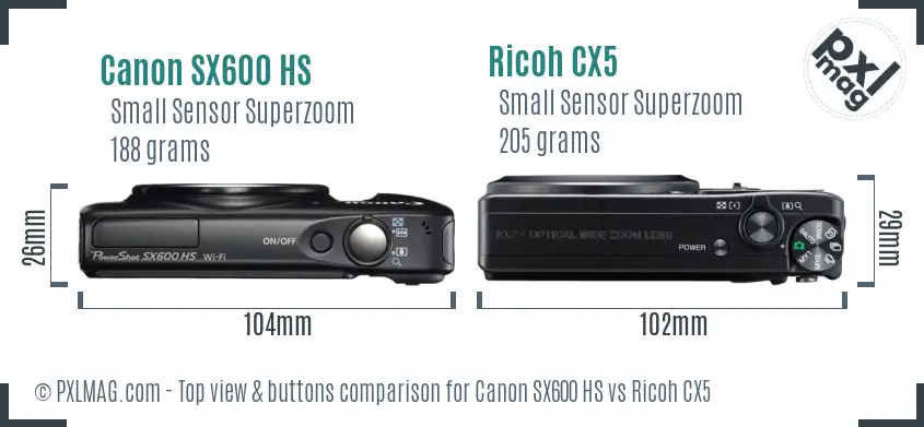 Canon SX600 HS vs Ricoh CX5 top view buttons comparison Canon SX600 HS vs Ricoh CX5 top view buttons comparison