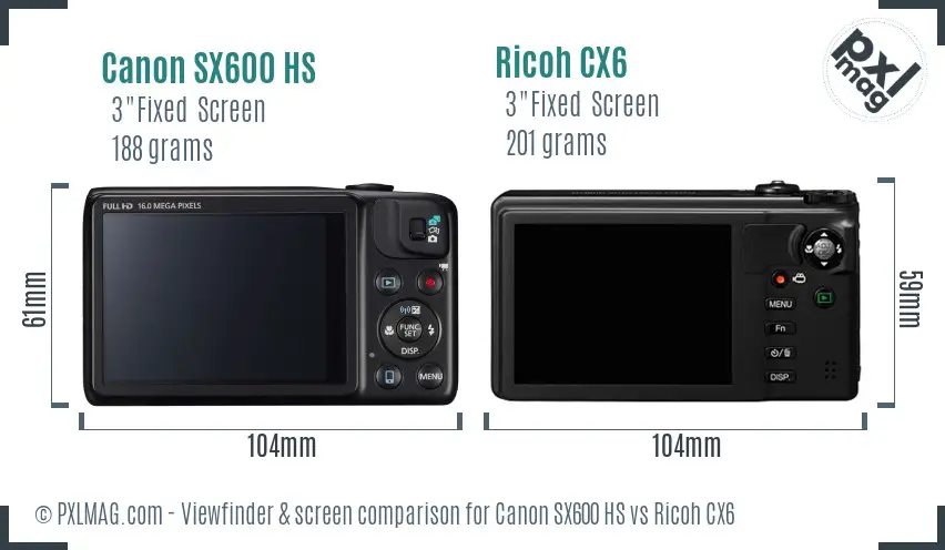 Canon SX600 HS vs Ricoh CX6 Screen and Viewfinder comparison
