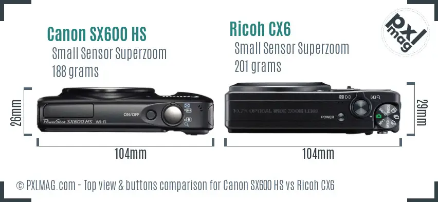 Canon SX600 HS vs Ricoh CX6 top view buttons comparison