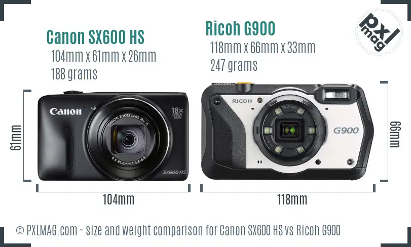 Canon SX600 HS vs Ricoh G900 size comparison