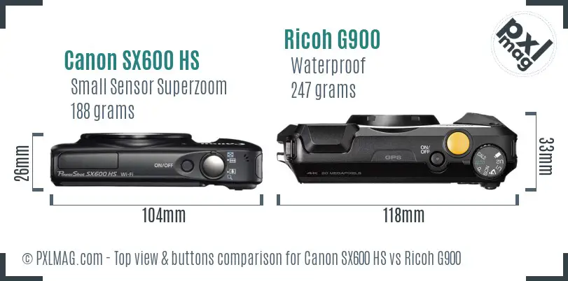 Canon SX600 HS vs Ricoh G900 top view buttons comparison